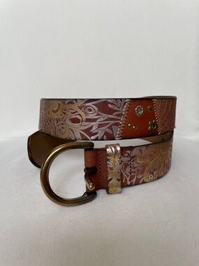 Fossil Brown Multi-Color Floral Tooled Leather Belt with Brass Buckle